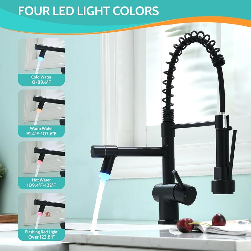 kicimpro Matte Black LED Kitchen Faucet with Pull Down Sprayer, 304 Stainless Black Faucet for Kitchen Sink, Modern Single Handle High Arc Bar Kitchen Sink Faucet for One Hole Or Three Hole Sink - Image 2